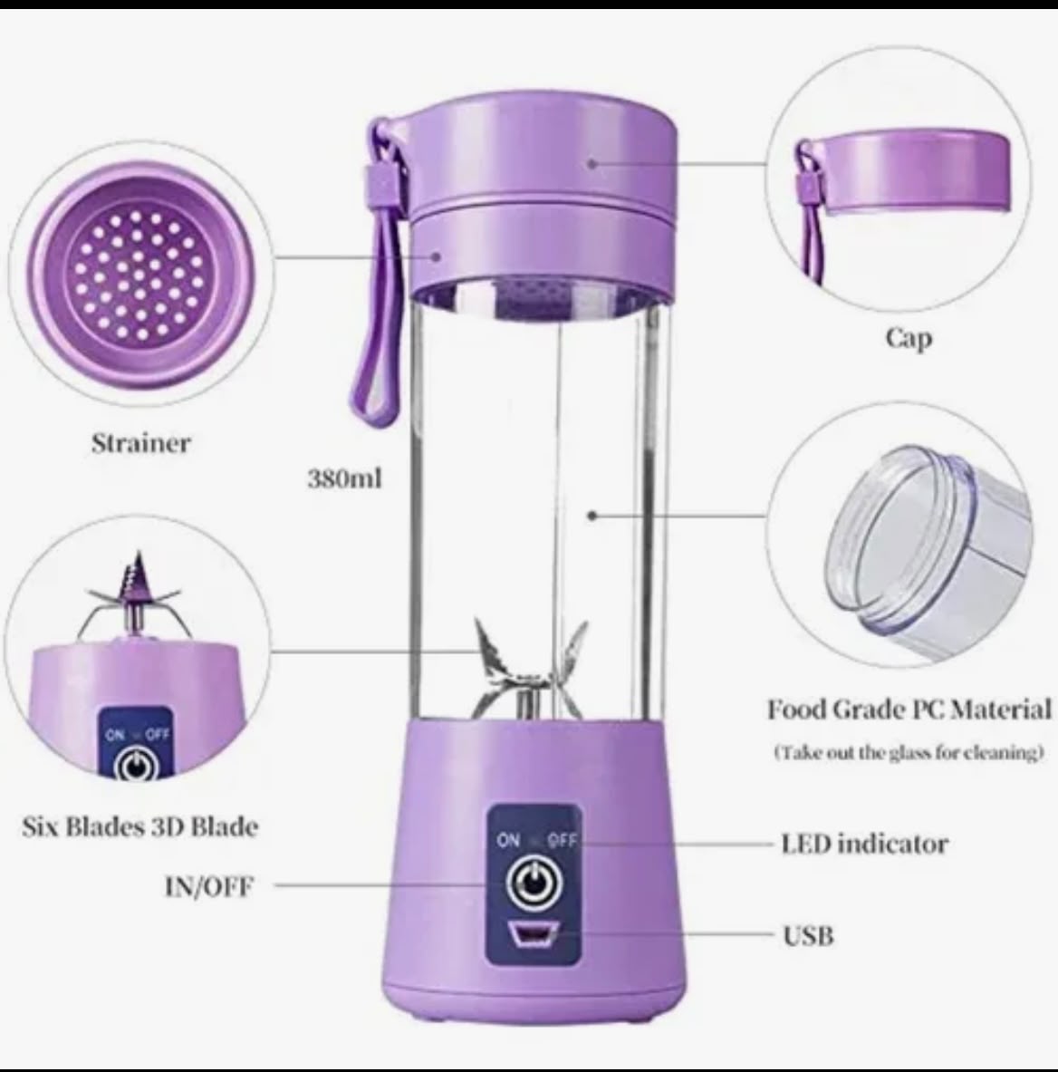 PortaBlend Pro™ - 6-Blade Portable USB Juice & Smoothie Blender (380ml)