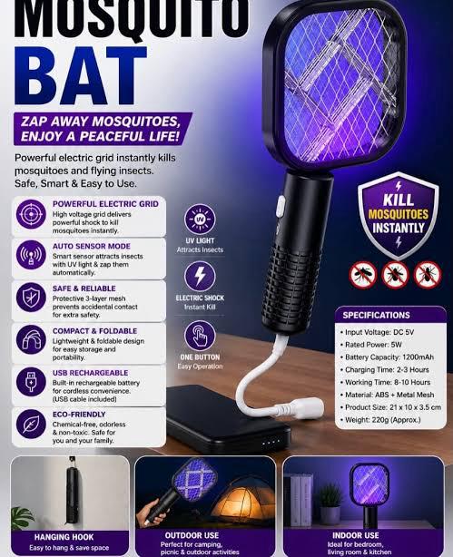 2-in-1 Rechargeable Electric Mosquito Bat & UV Trap Lamp | Safe Insect Killer